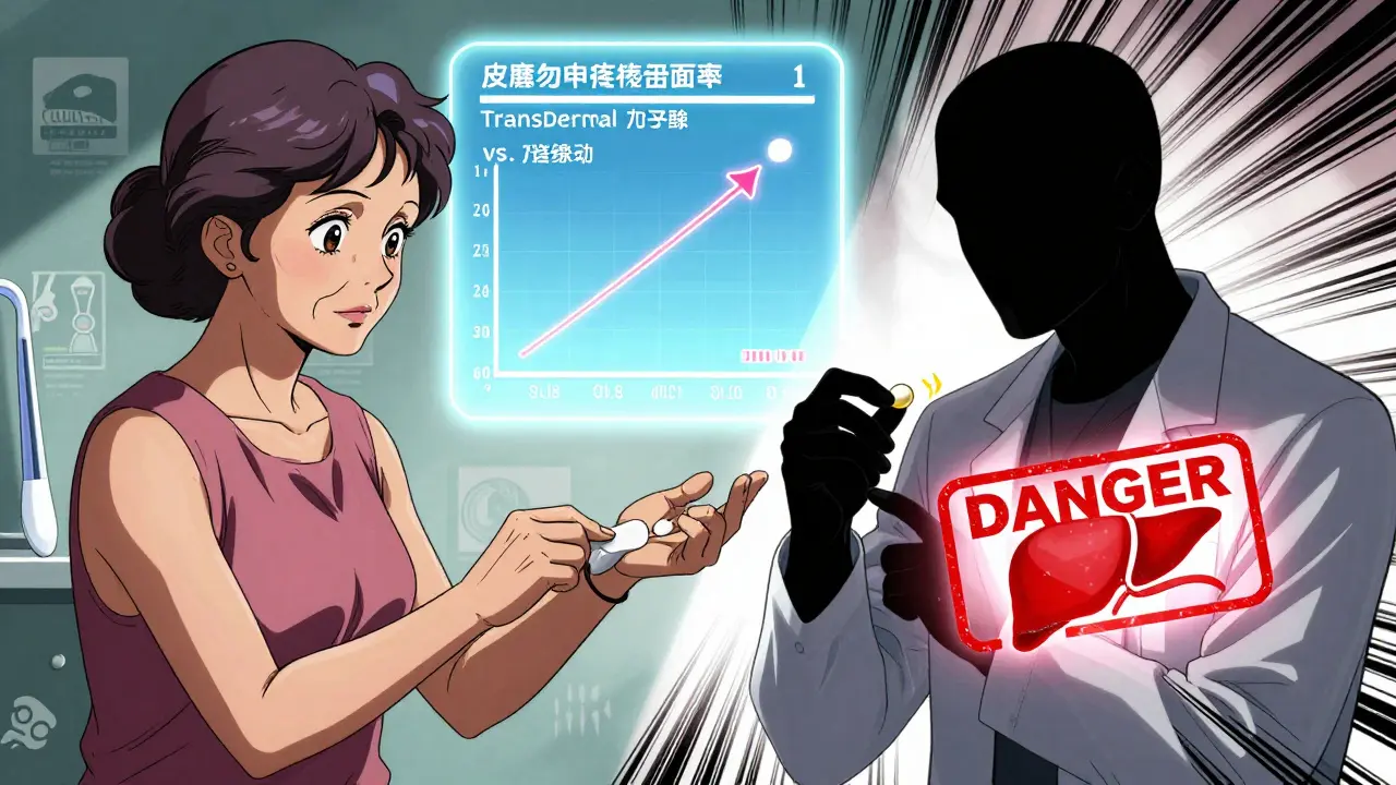 Split scene: safe transdermal patch vs. dangerous oral pill, with metabolic icons and glowing risk indicators.