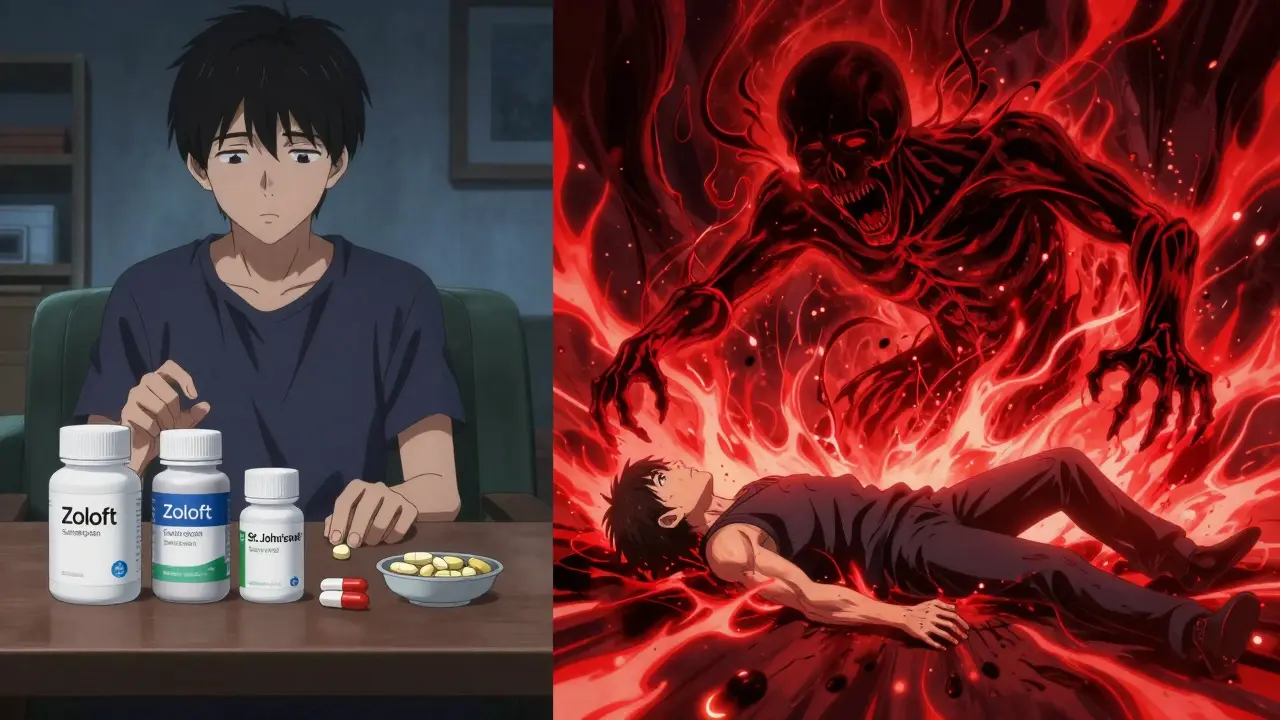 Split scene showing peaceful pill intake on one side and violent serotonin overload symptoms like spasms and fever on the other, in dramatic manga style.