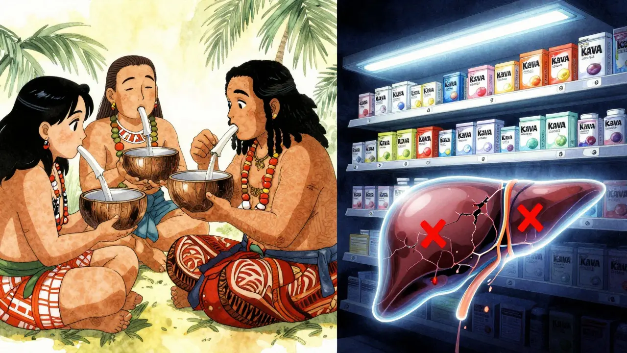 Traditional kava ceremony on one side, modern kava capsules on the other, with a damaged liver in between.
