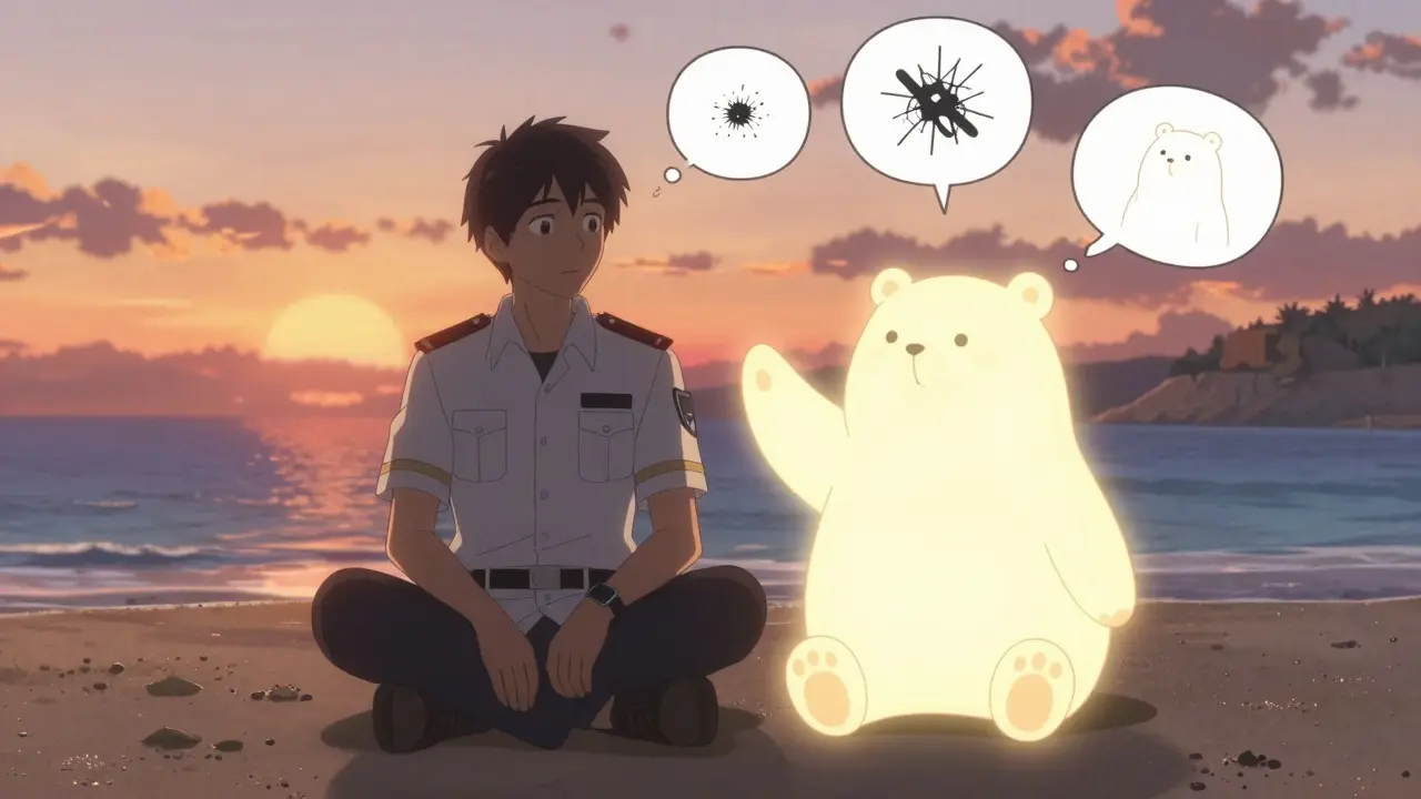 Veteran on a beach, peacefully rehearsing a rewritten nightmare with a friendly bear and vibrating smartwatch.