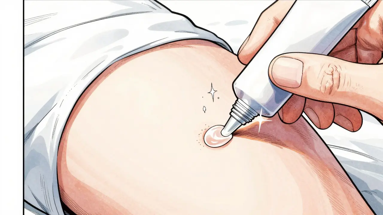 Close-up manga drawing of antibiotic ointment being applied to a small skin cut.