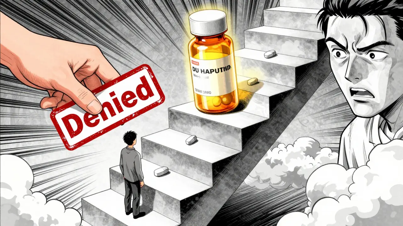 Conceptual manga art of a patient climbing a ladder of generic drugs to reach a brand-name medication