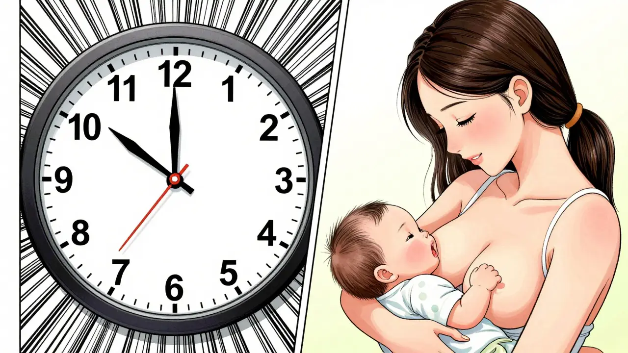 Conceptual manga split-screen showing timing of dose and breastfeeding