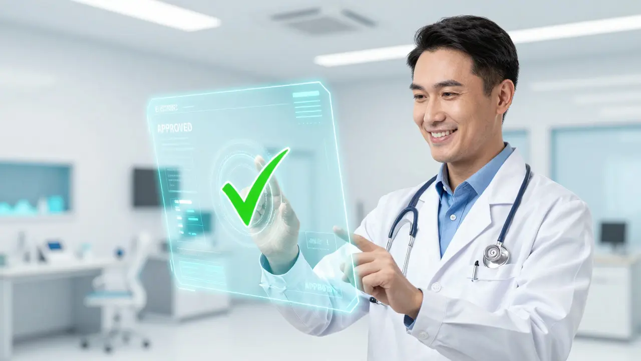 Doctor using a holographic digital interface to receive a fast insurance approval