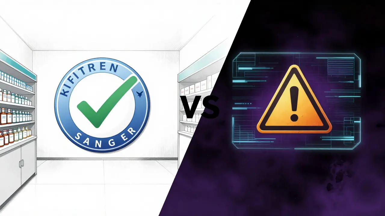 Manga art contrasting a certified licensed pharmacy with a suspicious fake website.