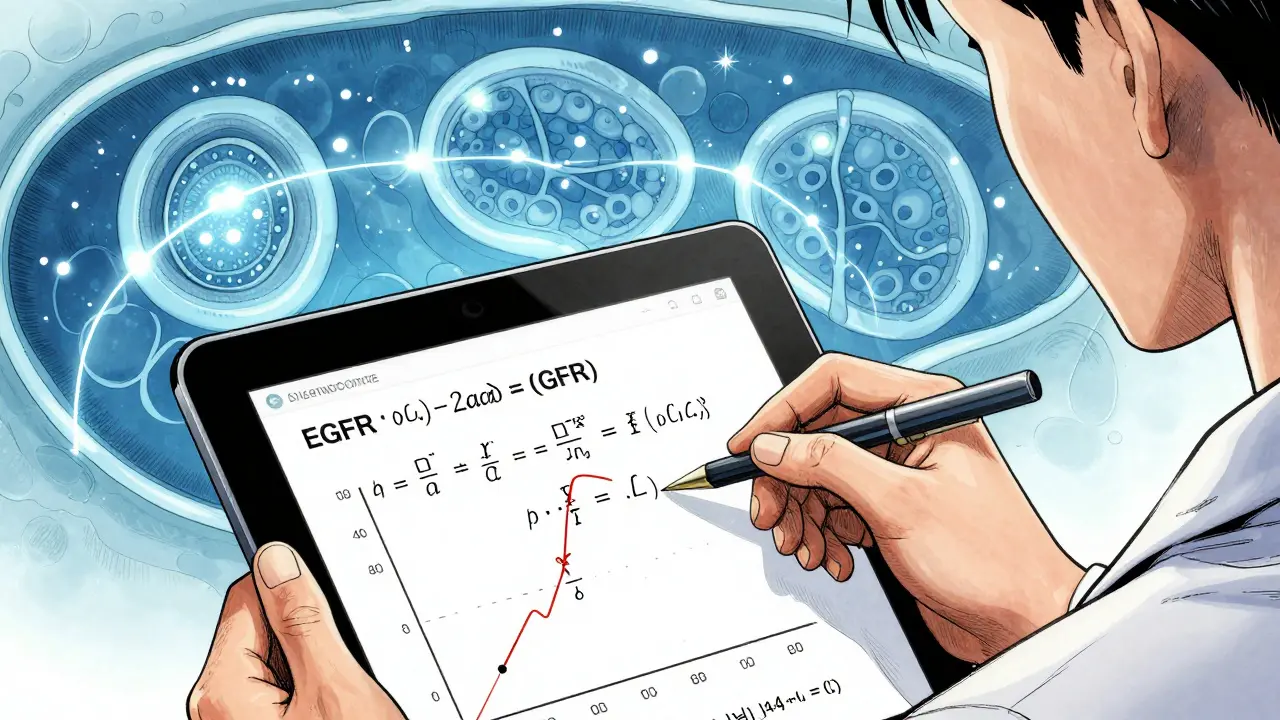 Manga art of a medical tablet showing eGFR calculations and biological filtration strainers.