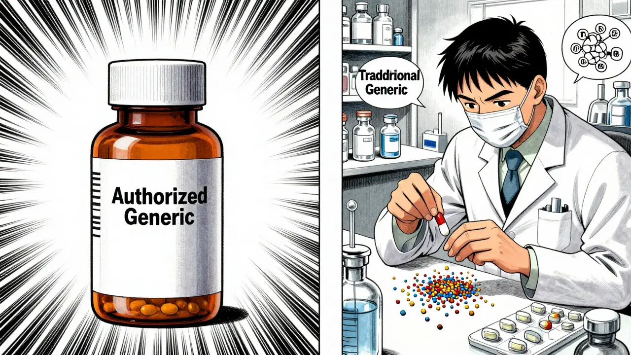 Manga comparison showing a brand label being removed versus a generic pill being formulated.