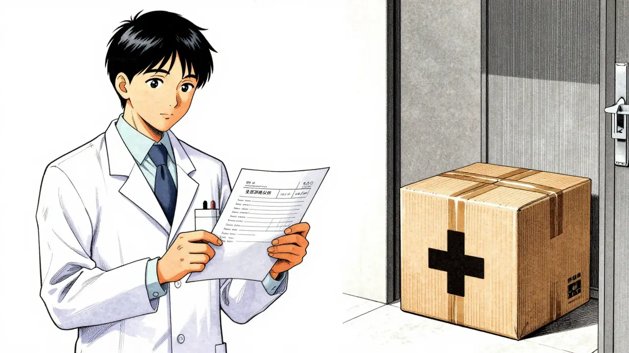 Manga illustration of a pharmacist verifying an order and a home delivery package.