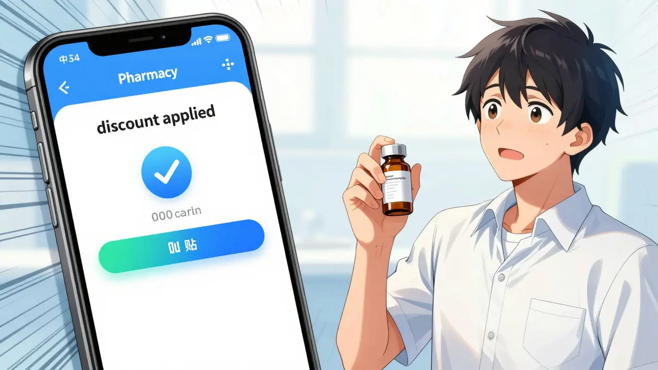 Manga illustration of a relieved person using a pharmacy app to find a cheaper price