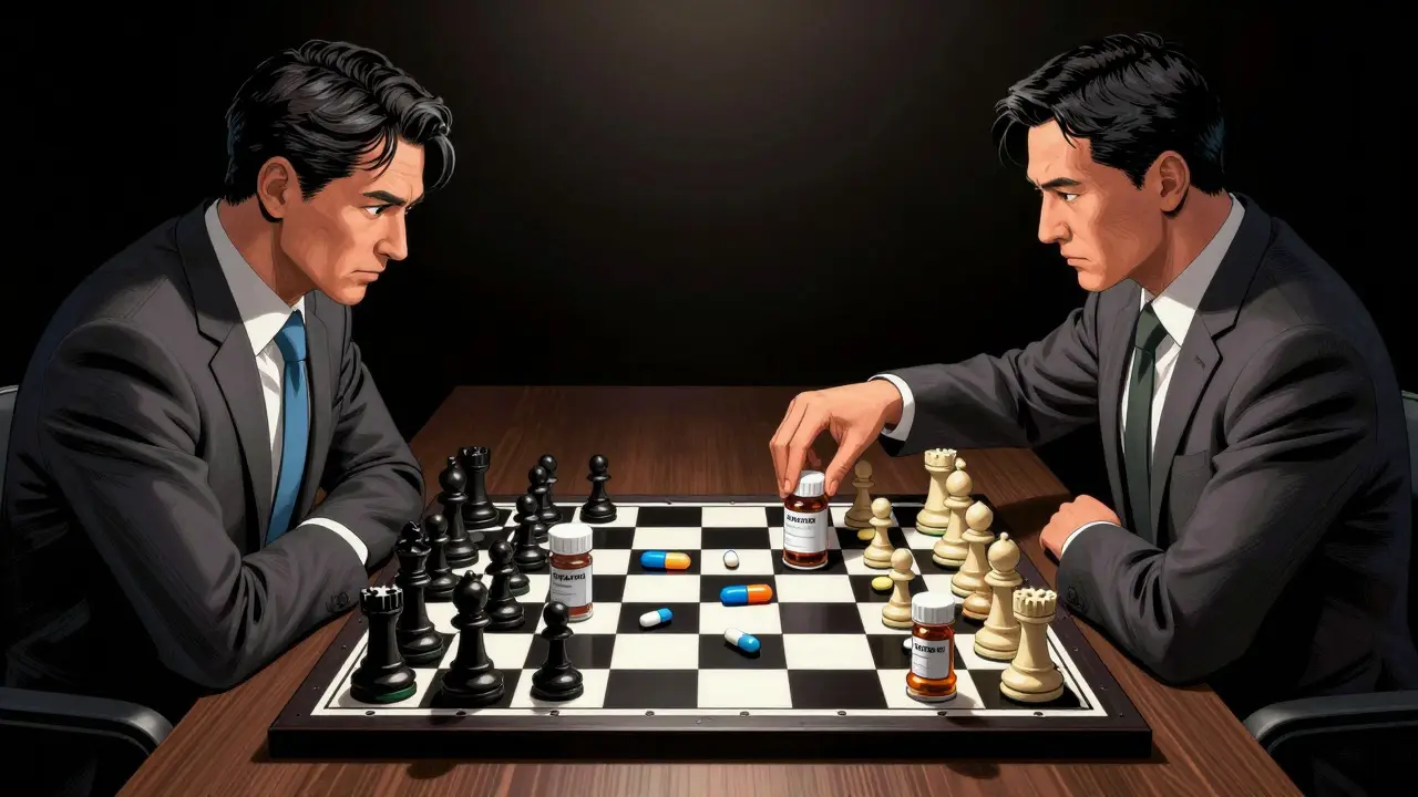 Manga illustration of two executives playing chess with medicine bottles as pieces.