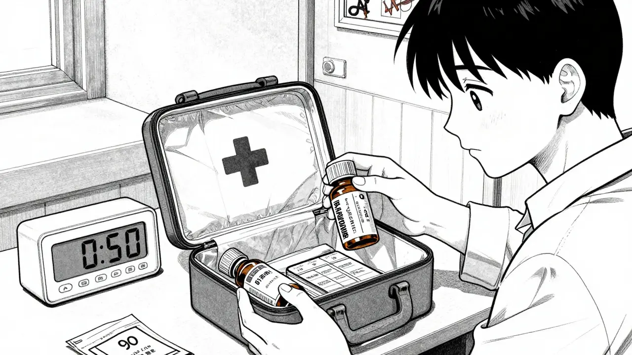 Manga scene of a person organizing and checking expiration dates in a first aid kit.