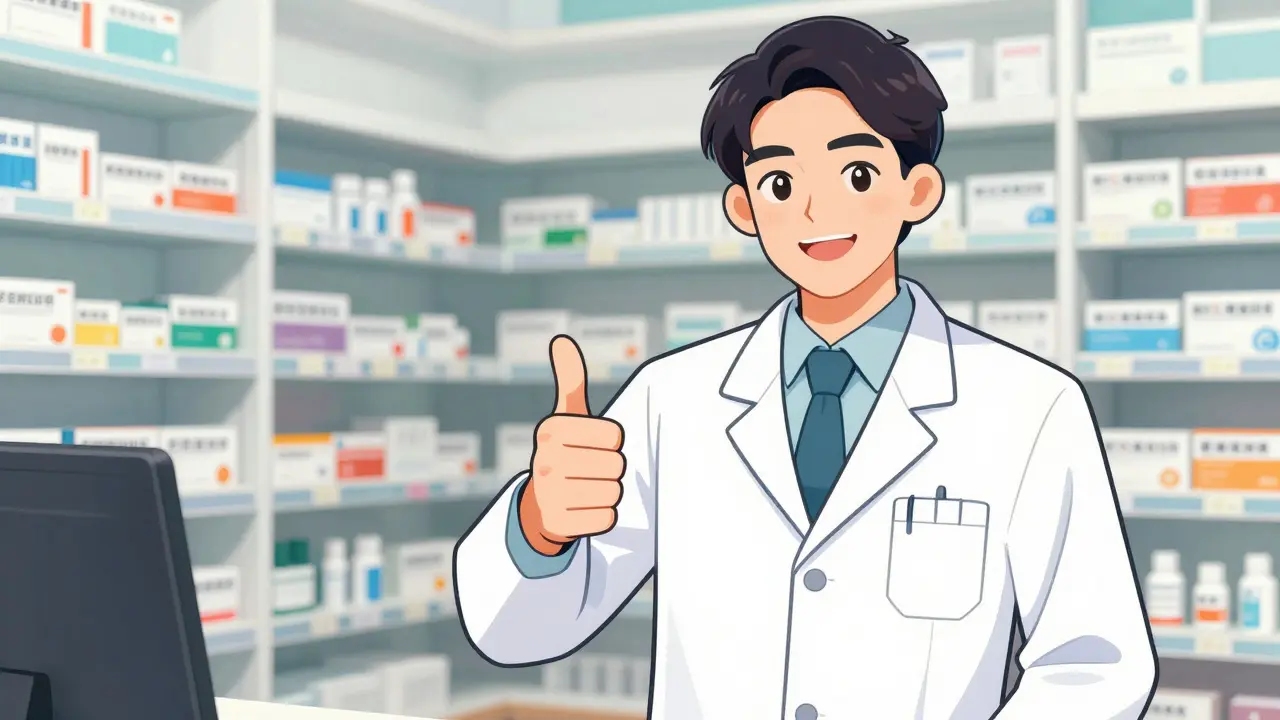 Manga style image of a professional pharmacist in a clean, modern pharmacy