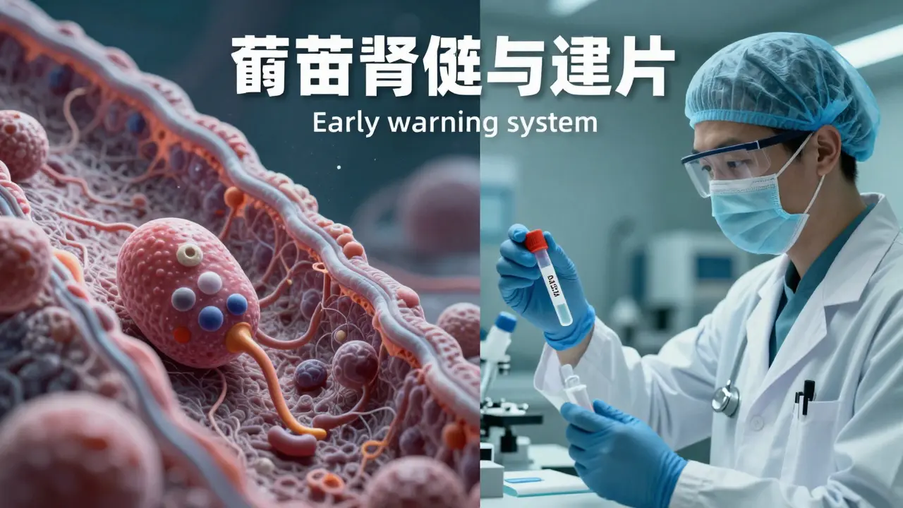 Manga style split-screen showing protein leaking through a membrane and a lab analysis.
