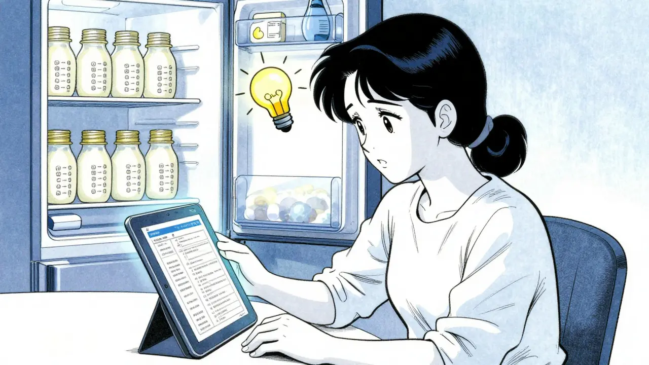 Mother using a scientific database for breastfeeding safety in manga style