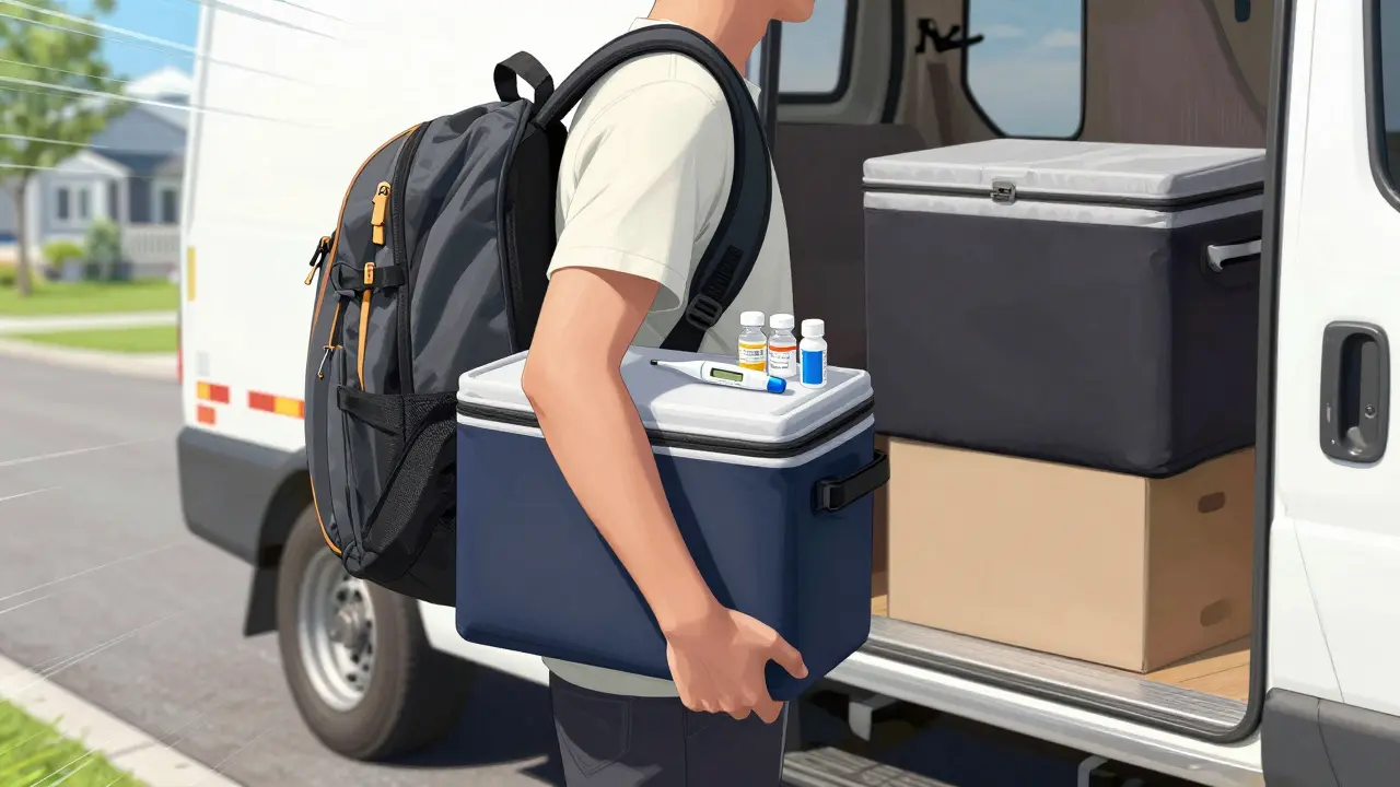 Person carrying medication in an insulated cooler bag during a sunny move