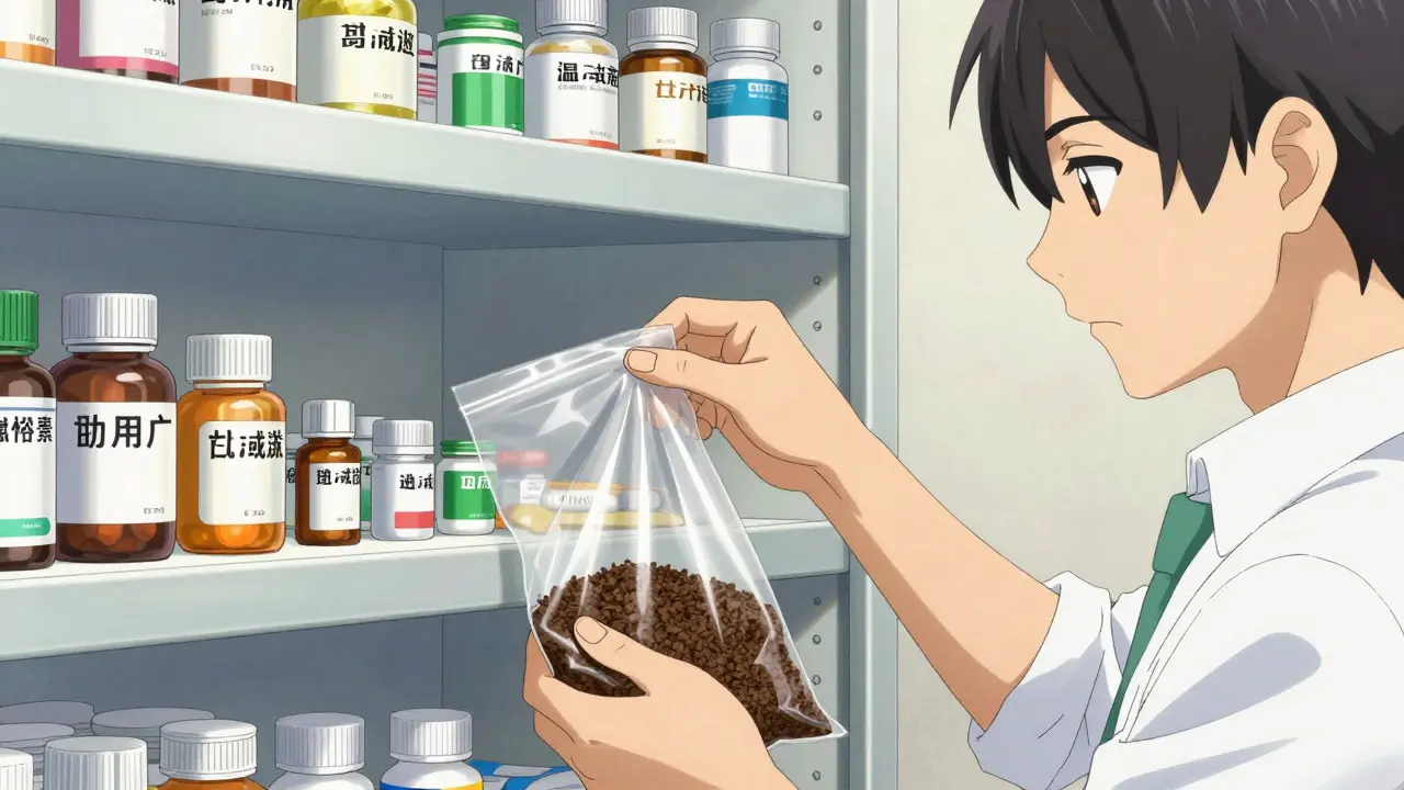 Person sorting and preparing expired medications for safe disposal